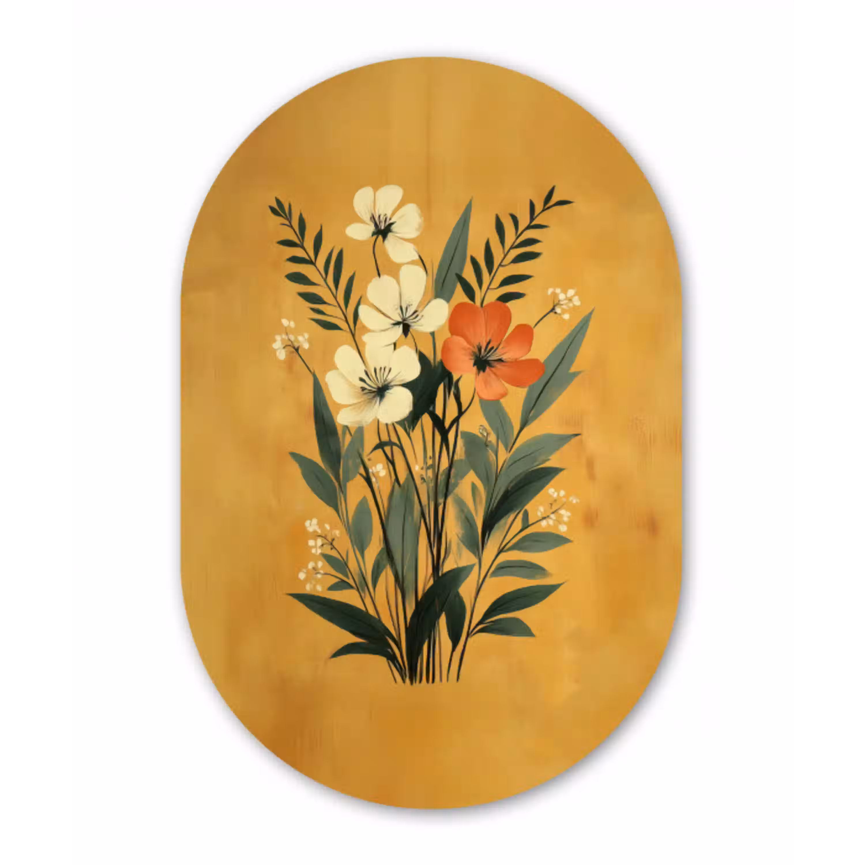Bladeren - Boeket - Bloemen - Geel Wandcirkel Ovaal Glas middel -3d