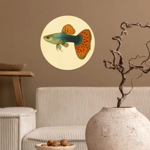 Vis - illustratie - Stippen - Oranje Wandcirkel behangsticker klein -sfeer1