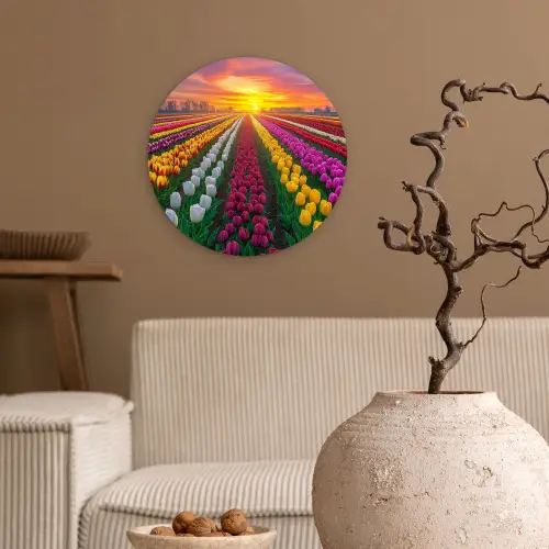 Tulpenveld - Zonsondergang - Kleurrijk Wandcirkel kunststof plaat 5mm dik klein -sfeer1