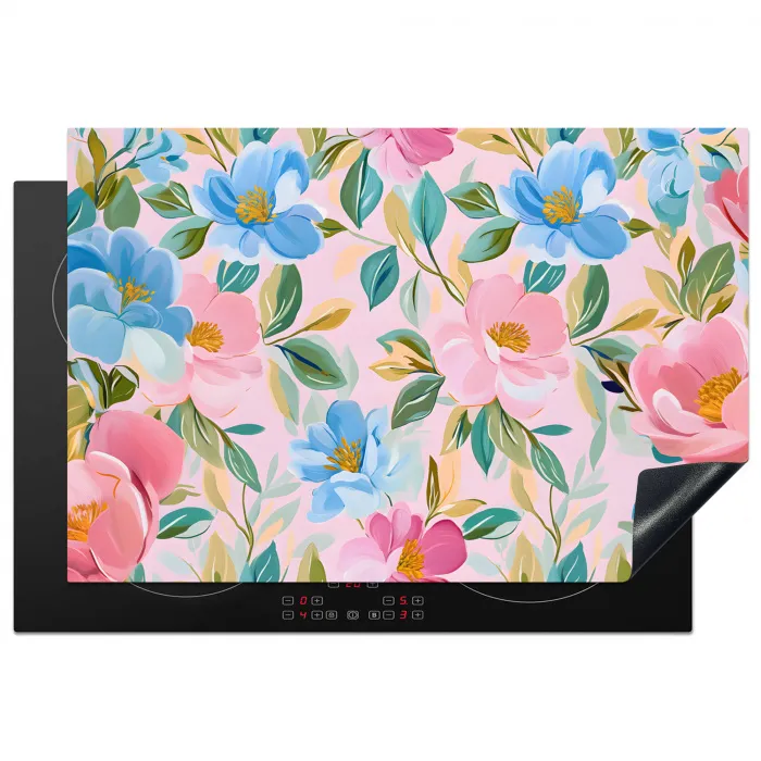 Blauw - Roze - Bloemen Inductie beschermer vinyl 3mm klein -3d