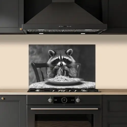 Wasbeer - Cute - Pasta - Tafelkleed - Zwart - Wit keuken achterwand spatscherm klein -sfeer1