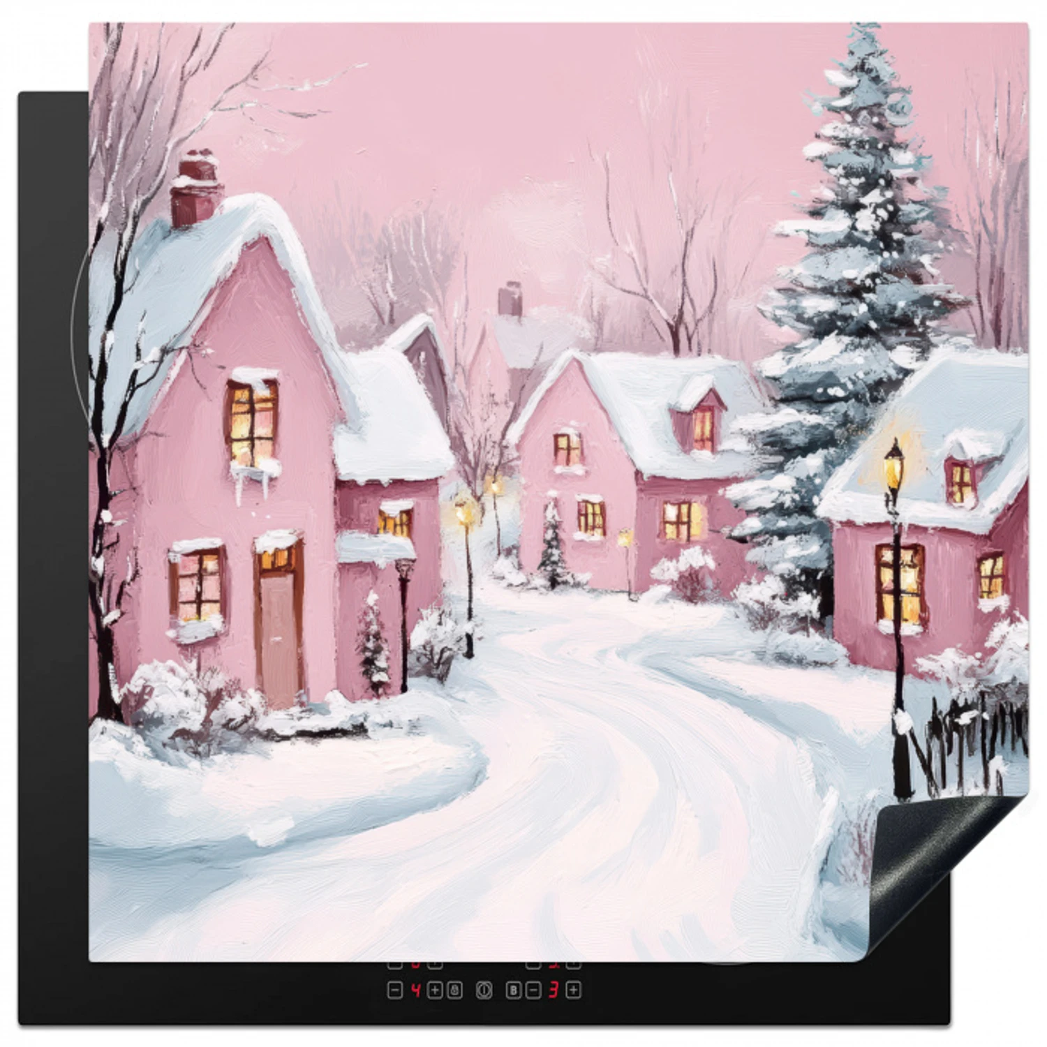 Kerstdorp - Roze - Winter - Sneeuw - Huizen Inductie beschermer vinyl 3mm middel -3d