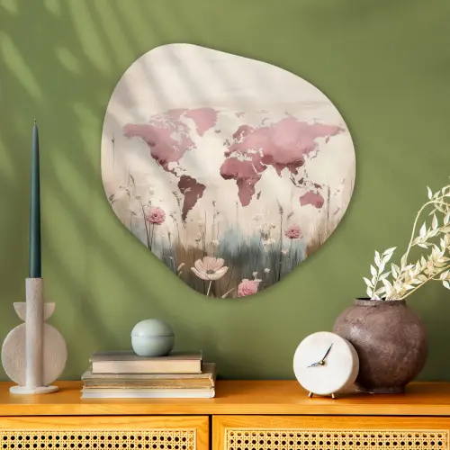 Wereldkaart - Roze - Bloemen Wandcirkel Organisch Aluminium middel -sfeer2