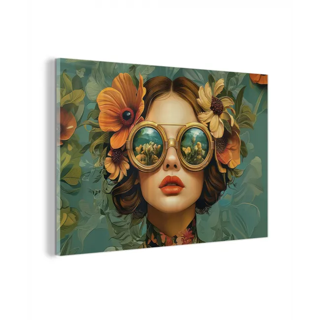 Glas schilderij - Vrouw - Bloemen - Vlinders - Natuur - Vintage