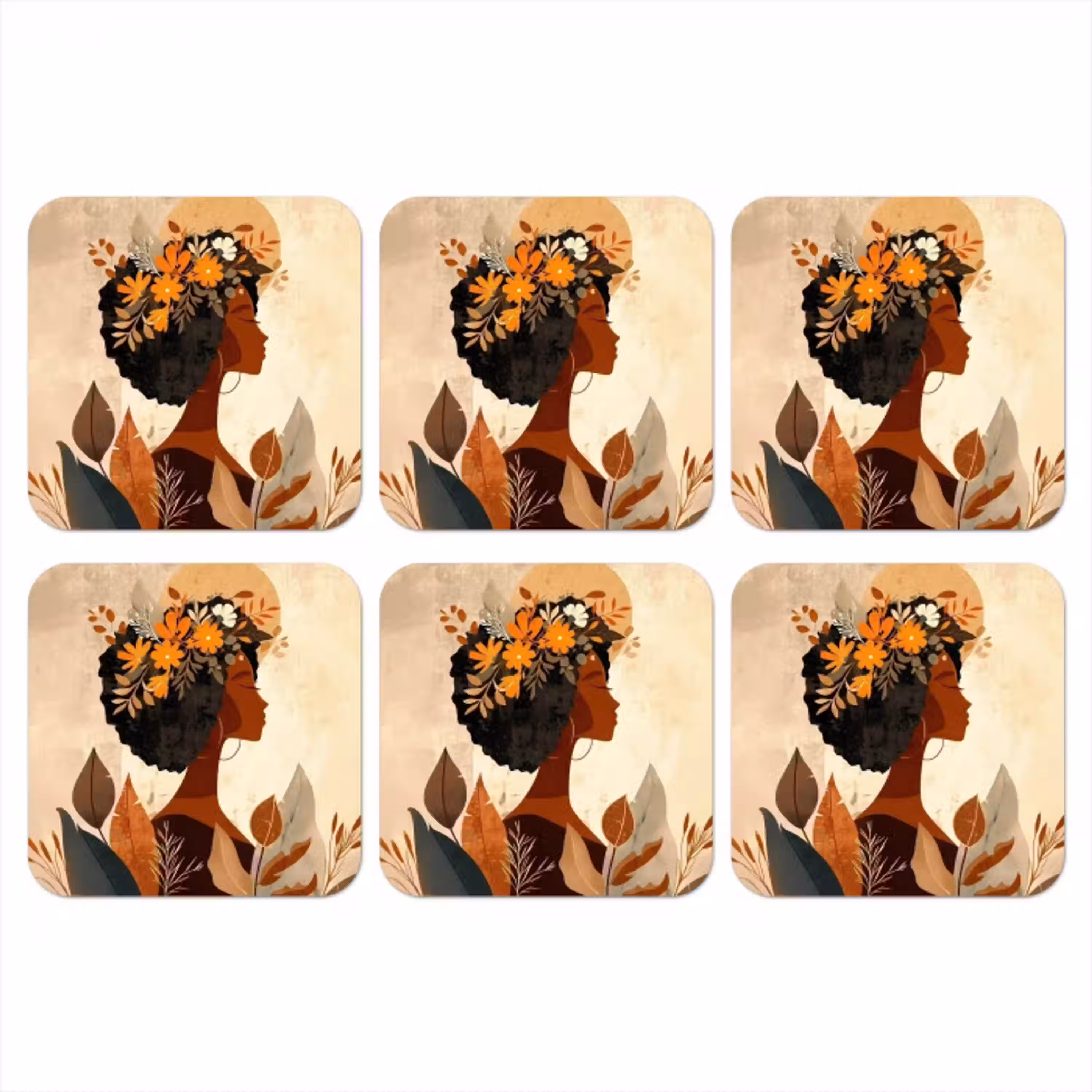 Vrouw - Krullen - Bloemen - Beige onderzetter kurk middel -3d