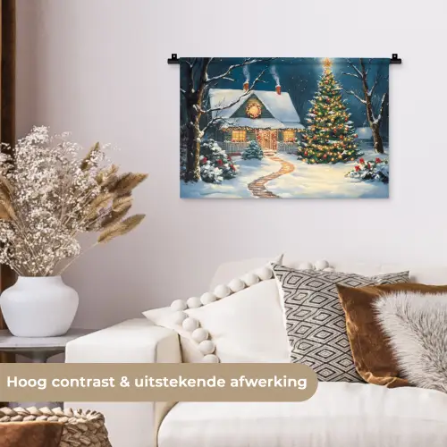 Kerst - Kerstboom - Winter - Huis - Sneeuw Wandkleed katoen klein -sfeer1