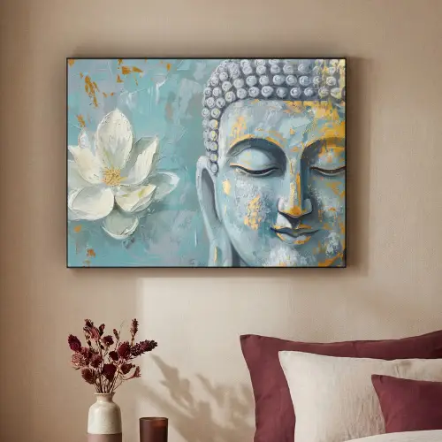 Boeddha - Bloem - Lotus - Goud - Blauw Textielframe zwart klein -sfeer1