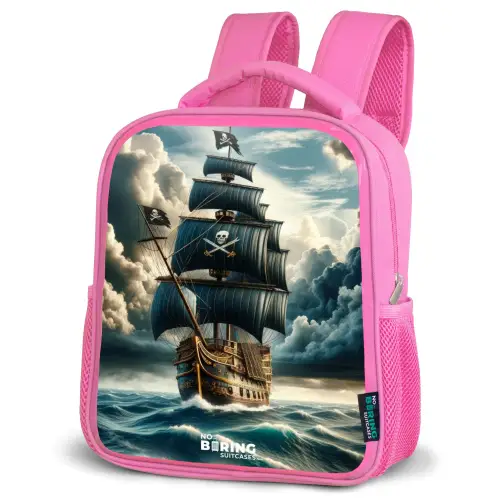 Piratenschip op een woeste zee Kinderrugzak - Roze middel -schuin