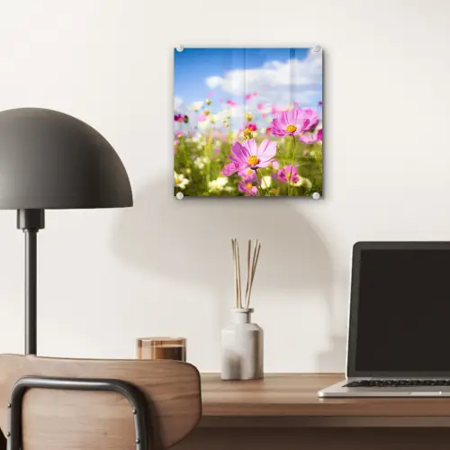 Bloemen - Wei - Paars - Gras - Wit - Wolken - Blauw plexiglas 5mm klein -sfeer6