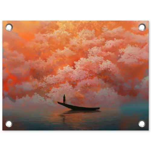 Zee - Boot - Wolken - Oranje tuinposter los doek klein -3d