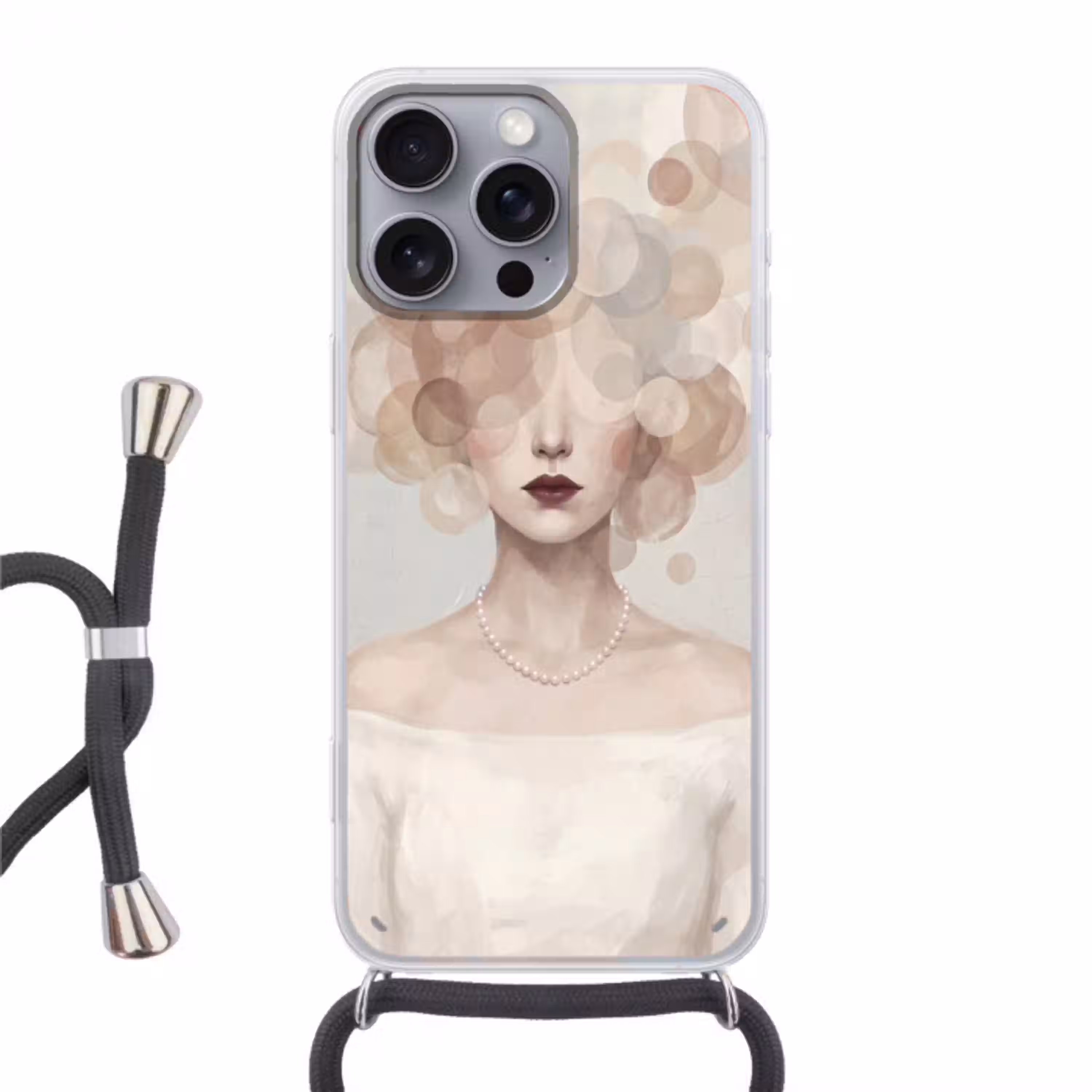 Vrouw - Cirkels - Beige Hoesje iPhone 16 Pro Max met koord klein -3d