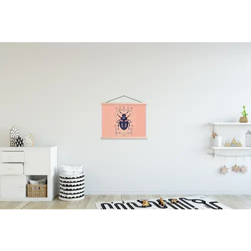 Kever - Donkerblauw - Bloemen - Sierlijk textielposter latten blank klein -kinderkamer