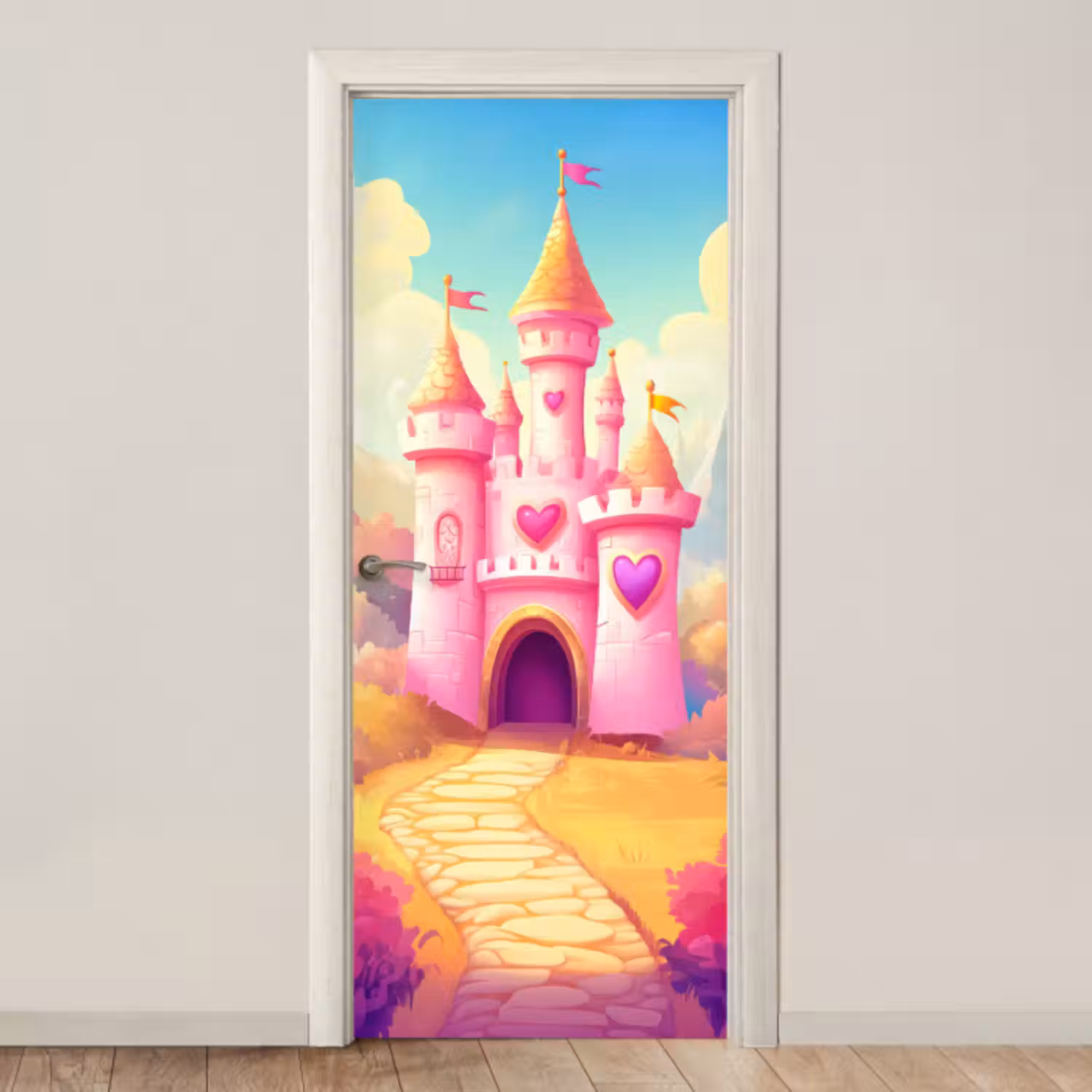 Deursticker - Kasteel - Roze - Pad - Sprookje - Fantasie
