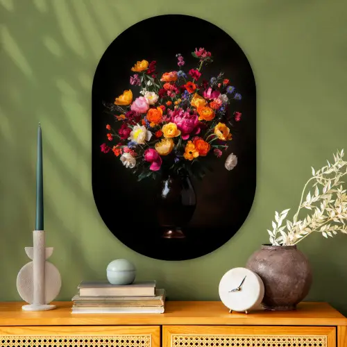 Kleurrijk - Boeket - Vaas - Donkerbruin Wandcirkel Ovaal Glas middel -sfeer2