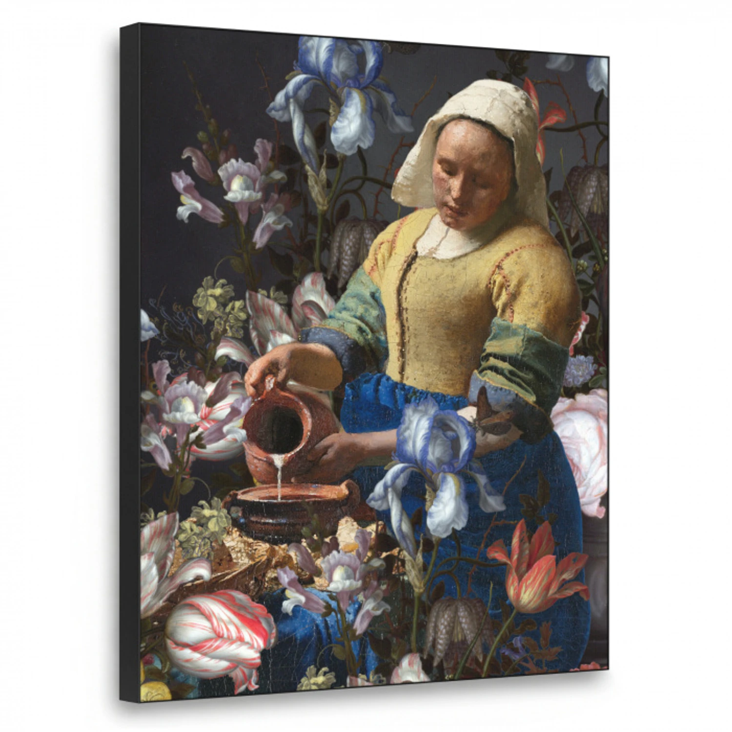 Melkmeisje - Johannes Vermeer - Bloemen Textielframe zwart klein -3d