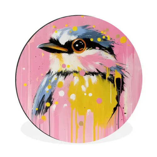 Vogel - Roze - Geel - Blauw Wandcirkel aluminium klein -3d