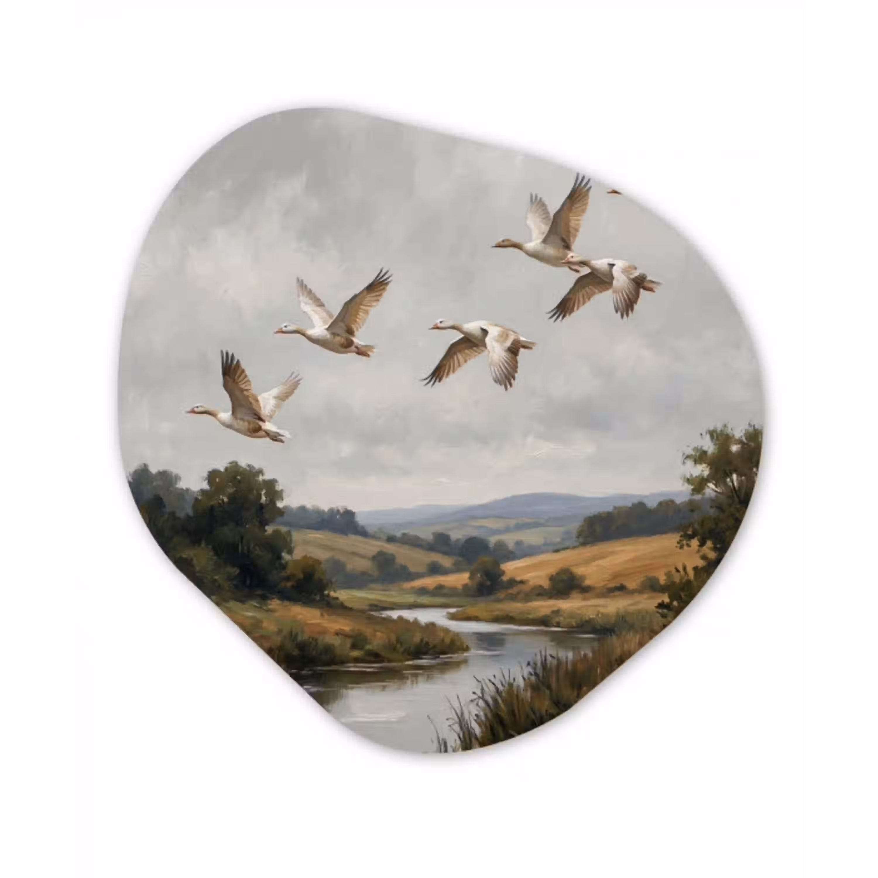 Eenden - Rivier - Landschap - Vlucht - Nostalgisch Wandcirkel Organisch Aluminium middel -3d