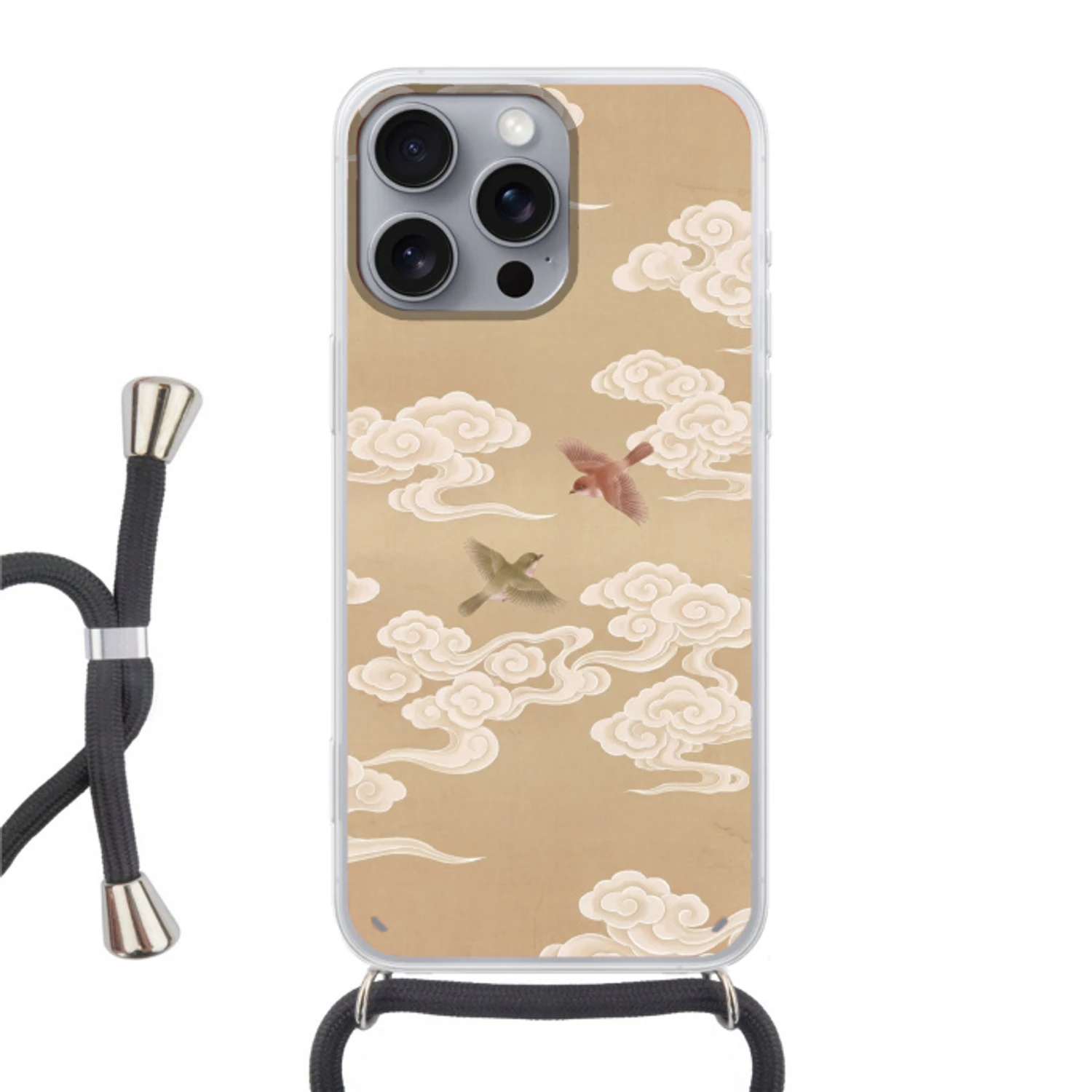Vogels - Vliegen - Beige Hoesje iPhone 16 Pro Max met koord klein -3d