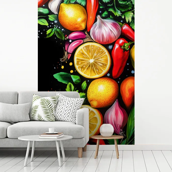 Citroenen - Peper - Kruiden - Graffiti - Verf - Abstract fotobehang vinyl groot -woonkamer