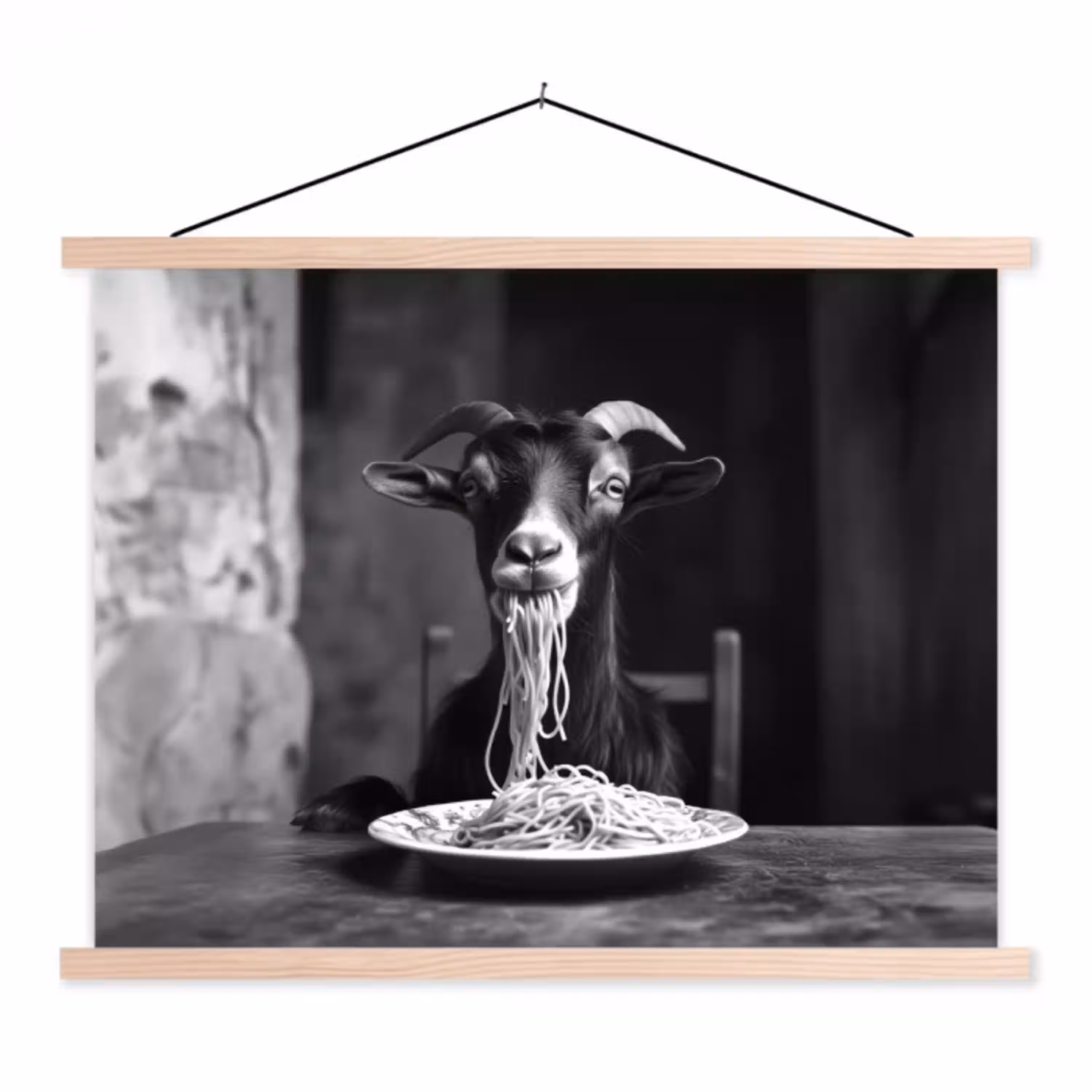 Geit - Bord - Spaghetti - Zwart Wit textielposter latten blank klein -3d