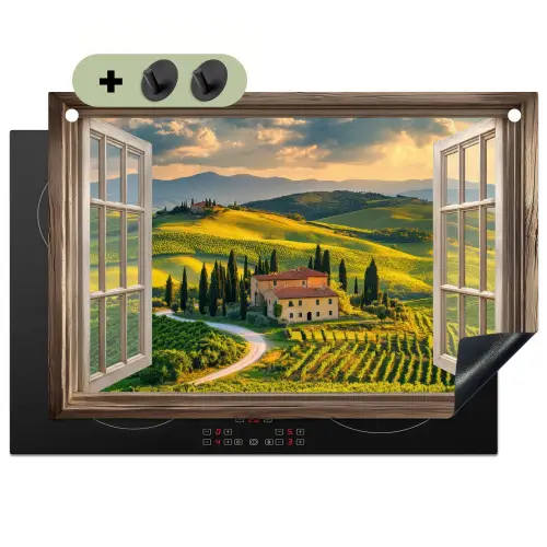 Doorkijk - Toscane - Uitzicht - Landschap - Zomer Inductie beschemer met haakjes klein -3d