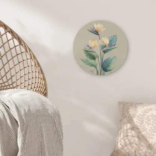 Paradijsvogelbloemen - Blauwgroene bladeren - Beige Akoestische PET Vilt - Rond klein -sfeer4