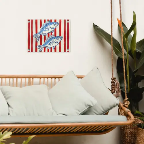 Vissen - Verticale strepen - Blauw - Rood tuinposter los doek klein -sfeer7