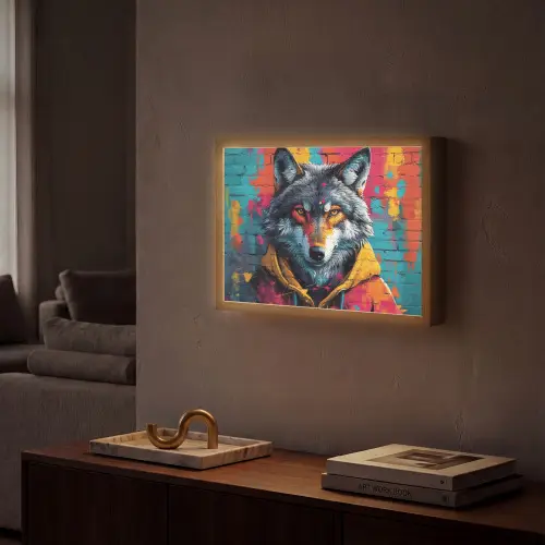 Graffiti - Wolf - Street art - Blauw Light Box met batterij (Wandlamp) middel -sfeer1