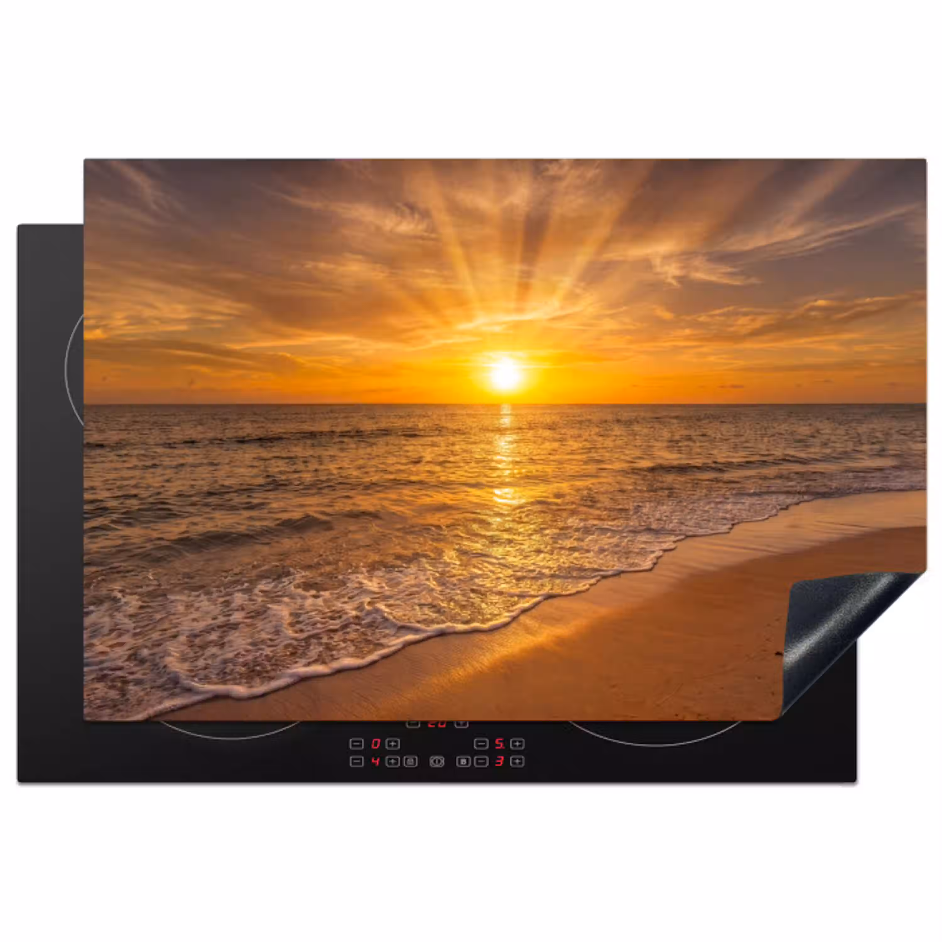 Zee - Zonsondergang - Golven - Kust - Oranje Inductie beschermer vinyl 3mm klein -3d
