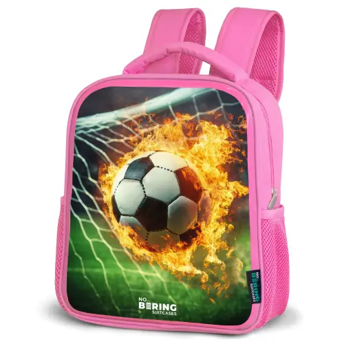 Vuurvoetbal in doelnet vastgelegd Kinderrugzak - Roze middel -schuin