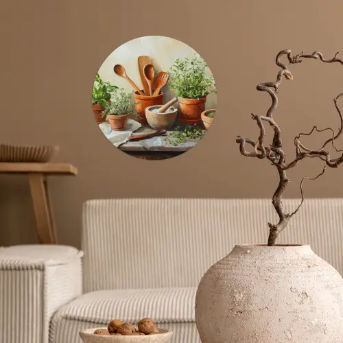 Potten - Kruiden - Hout Wandcirkel behangsticker klein -sfeer1