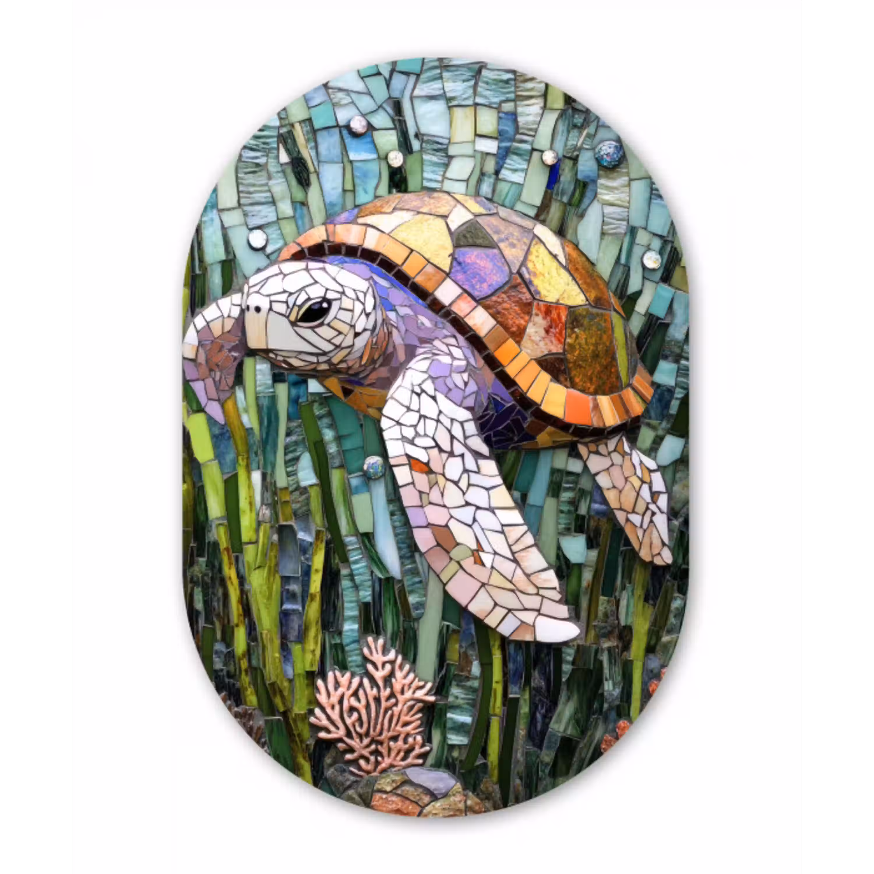Schildpad - Zeewier - Mozaïek Wandcirkel Ovaal Glas middel -3d