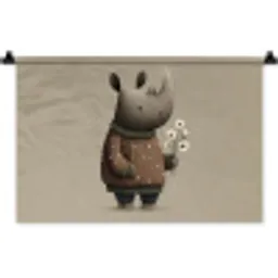 Neushoorn - Witte bloemen - Lief Wandkleed katoen klein -zz3d