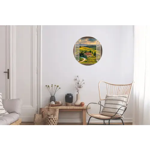 Doorkijk - Toscane - Uitzicht - Landschap - Zomer Wandcirkel aluminium klein -woonkamer