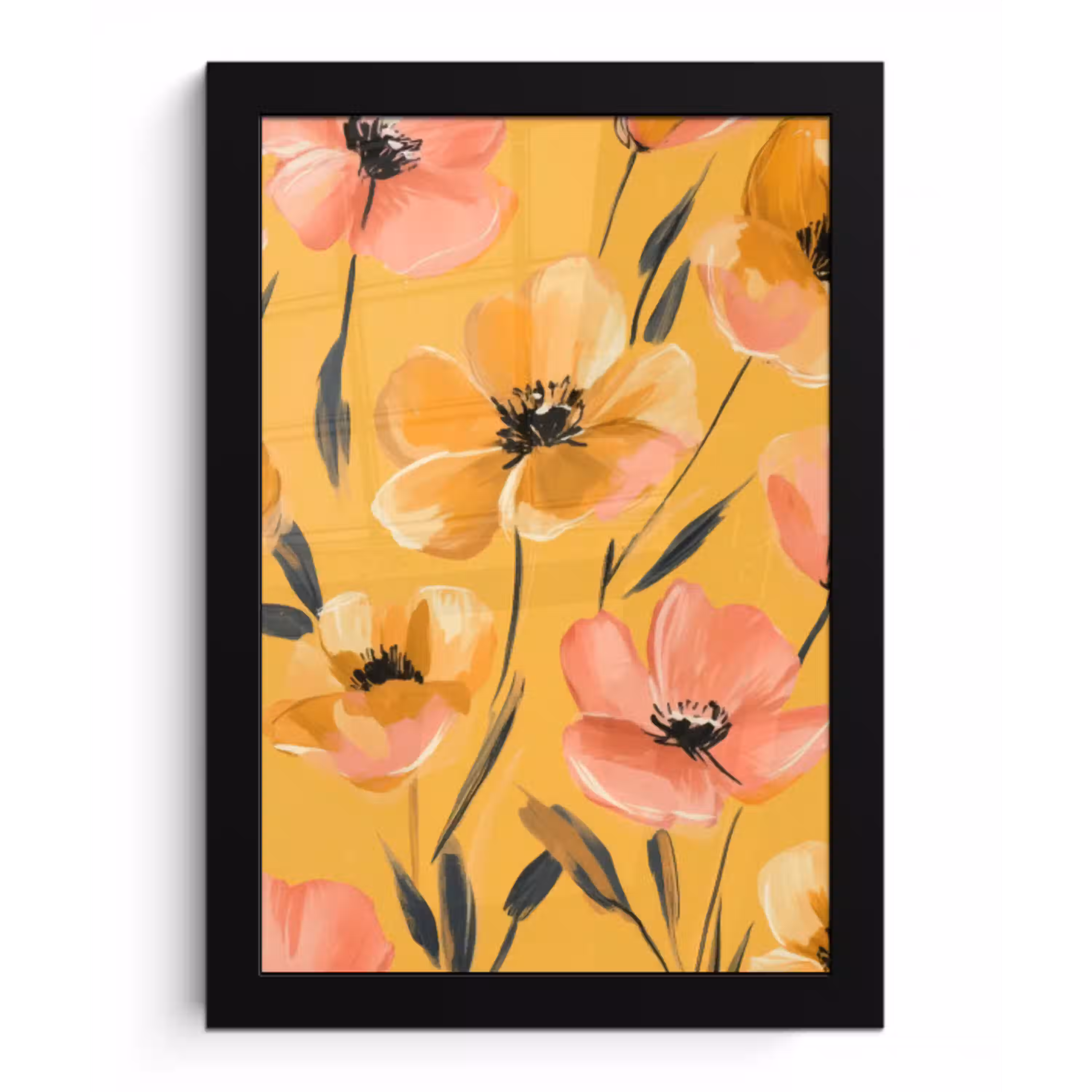 Bloemen - Geschilderd - Geel fotolijst zwart zonder passe partout klein -3d