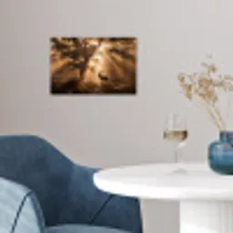 Hert - Bos - Mistig - Natuur - Goud poster papier klein -sfeer3