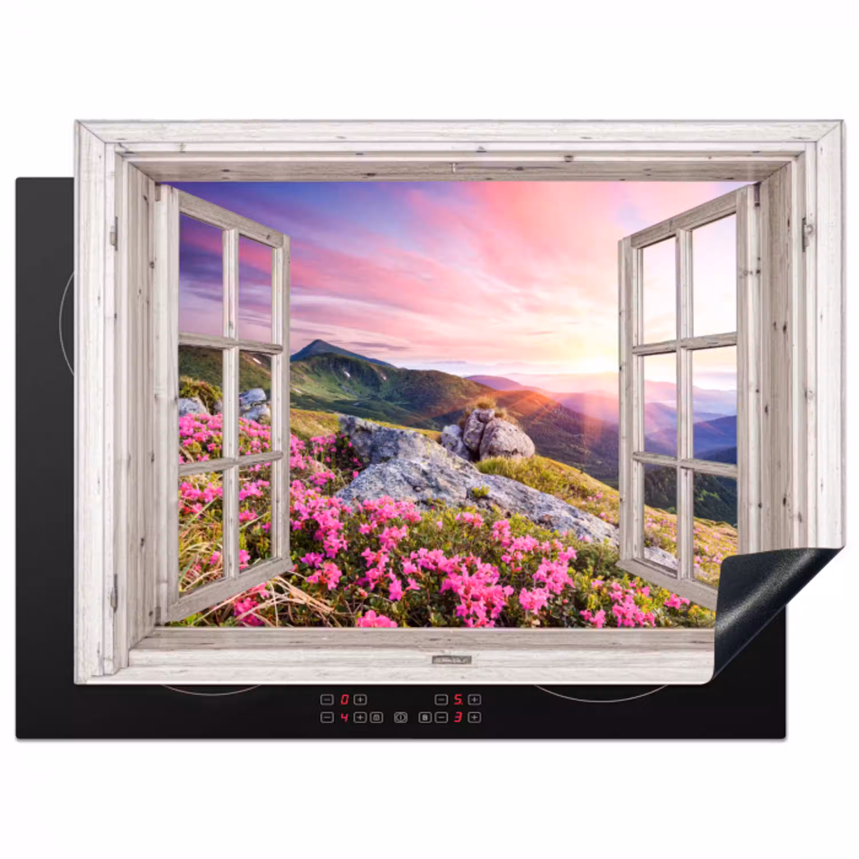Bergen - Landschap - Doorkijk - Bloemen - Avond - Roze Inductie beschermer vinyl 3mm klein -3d