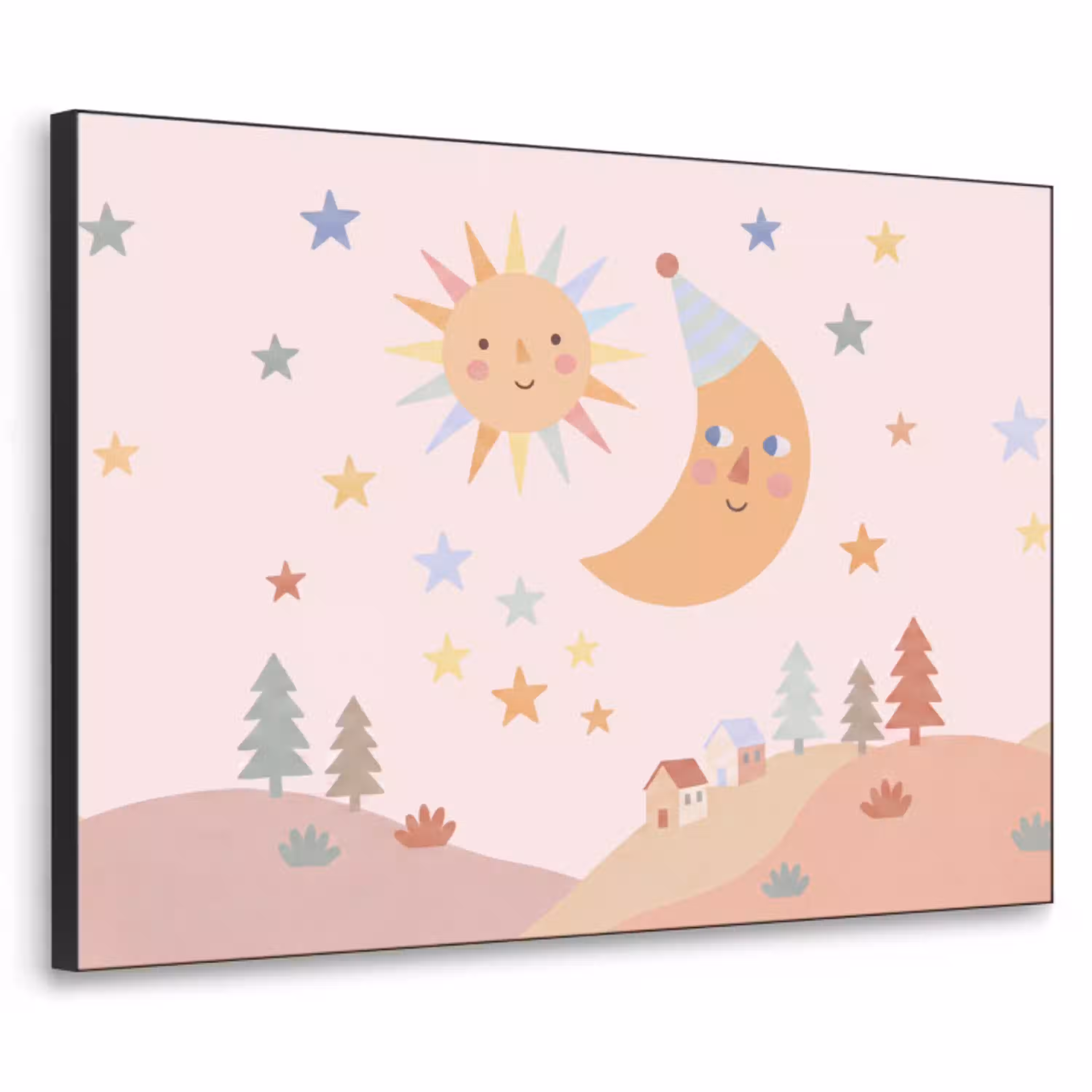 Zon - Maan - Sterren - Kinderkamer - Pastel Textielframe zwart klein -3d