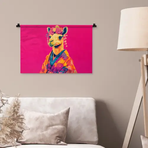 Kameel - Bloemen - Kimono - Waaiers Wandkleed katoen klein -sfeer4