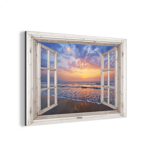 Doorkijk - Zee - Strand - Zonsondergang - Blauw aluminium wit klein -3d