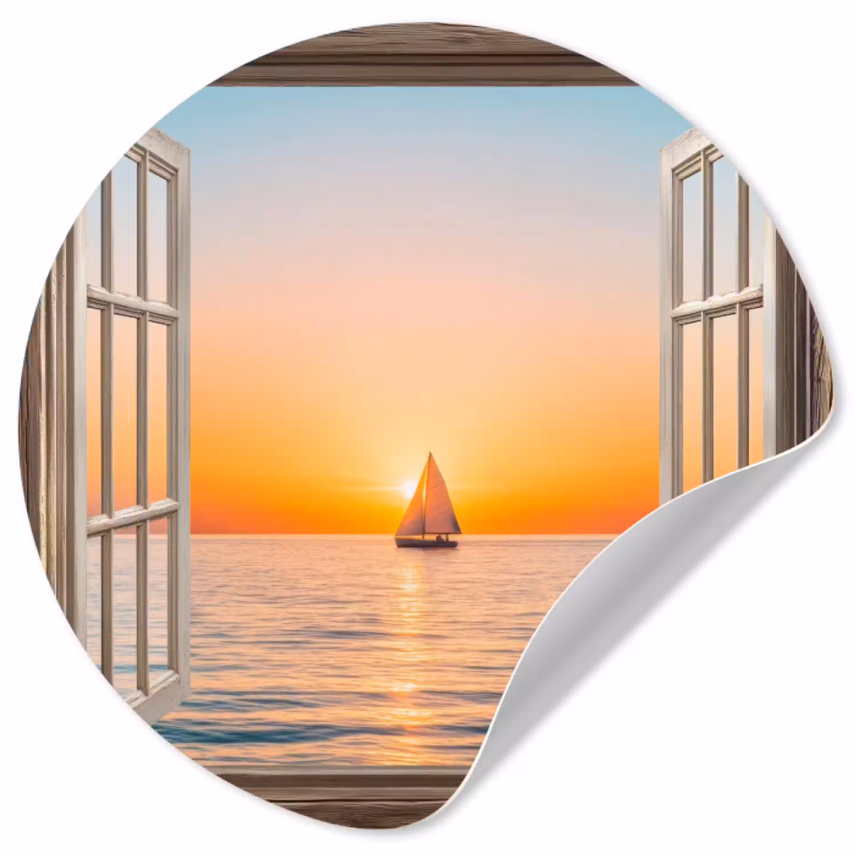 Doorkijk - Zee - Boot - Zonsondergang Wandcirkel behangsticker klein -3d