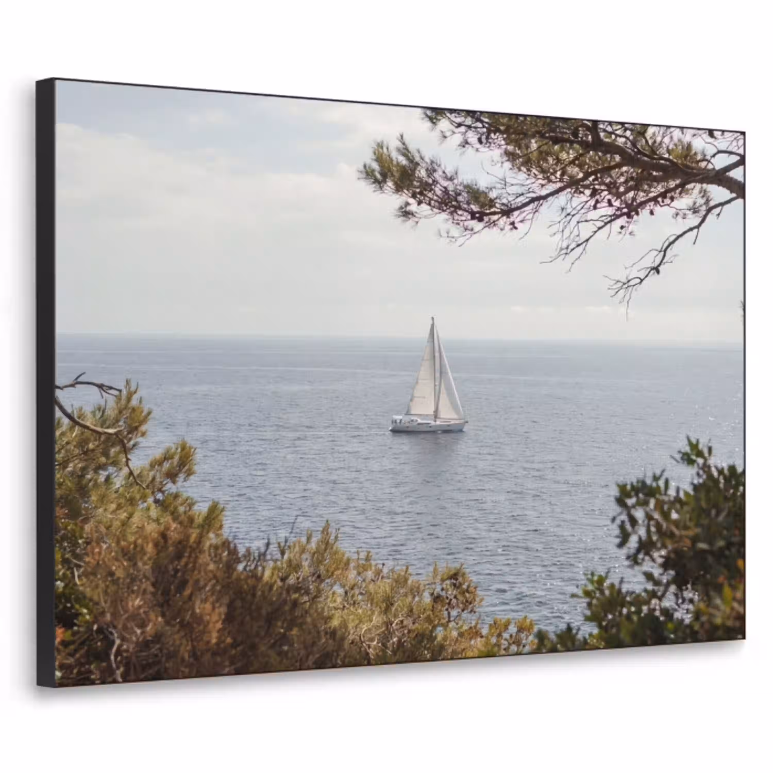 Zeilboot - bomen - water Textielframe zwart klein -3d