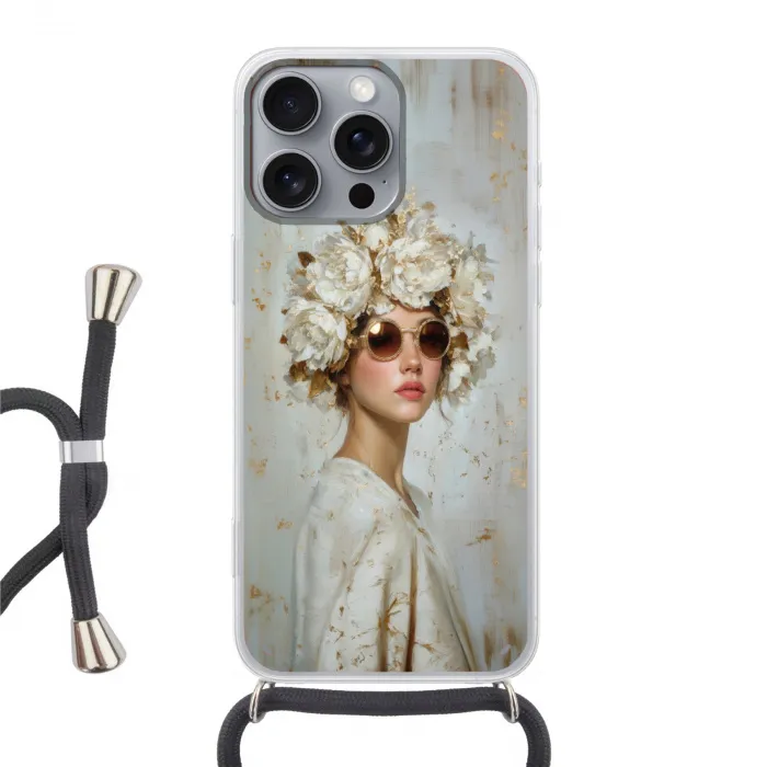 Schilderij - Vrouw - Zonnebril - Bloemenkrans Hoesje iPhone 16 Pro Max met koord klein -3d