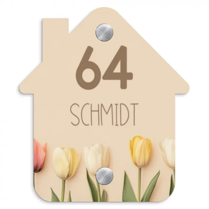 Gekleurde tulpen beige achtergrond - Modern Naambord Huisje klein -3d