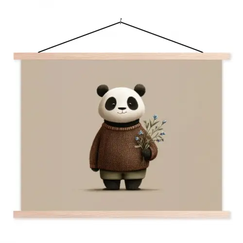 Panda - Blauwe bloemen - Zachtheid textielposter latten blank klein -3d