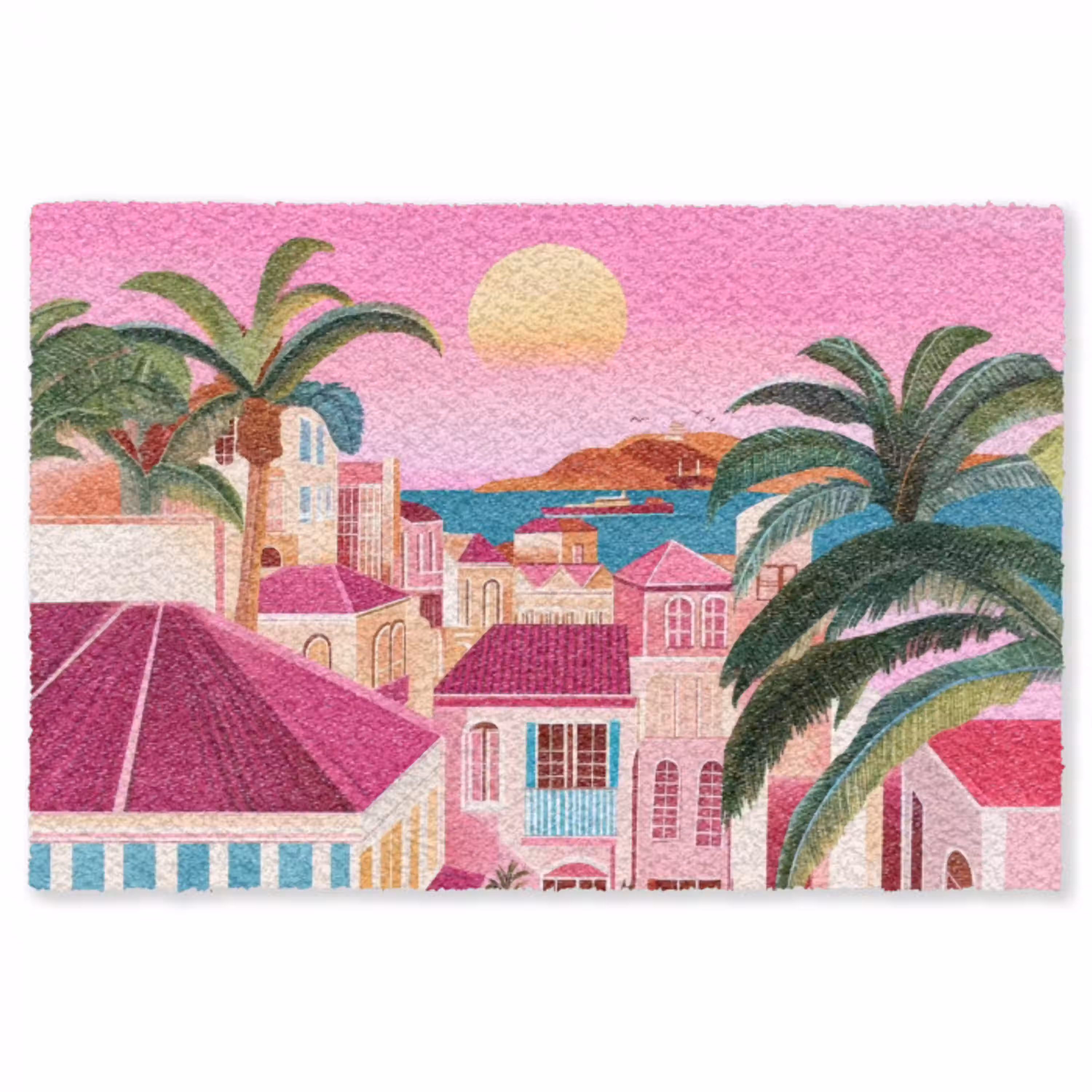 Stad - Roze - Palmbomen Vloerkleed Rechthoek klein -3d
