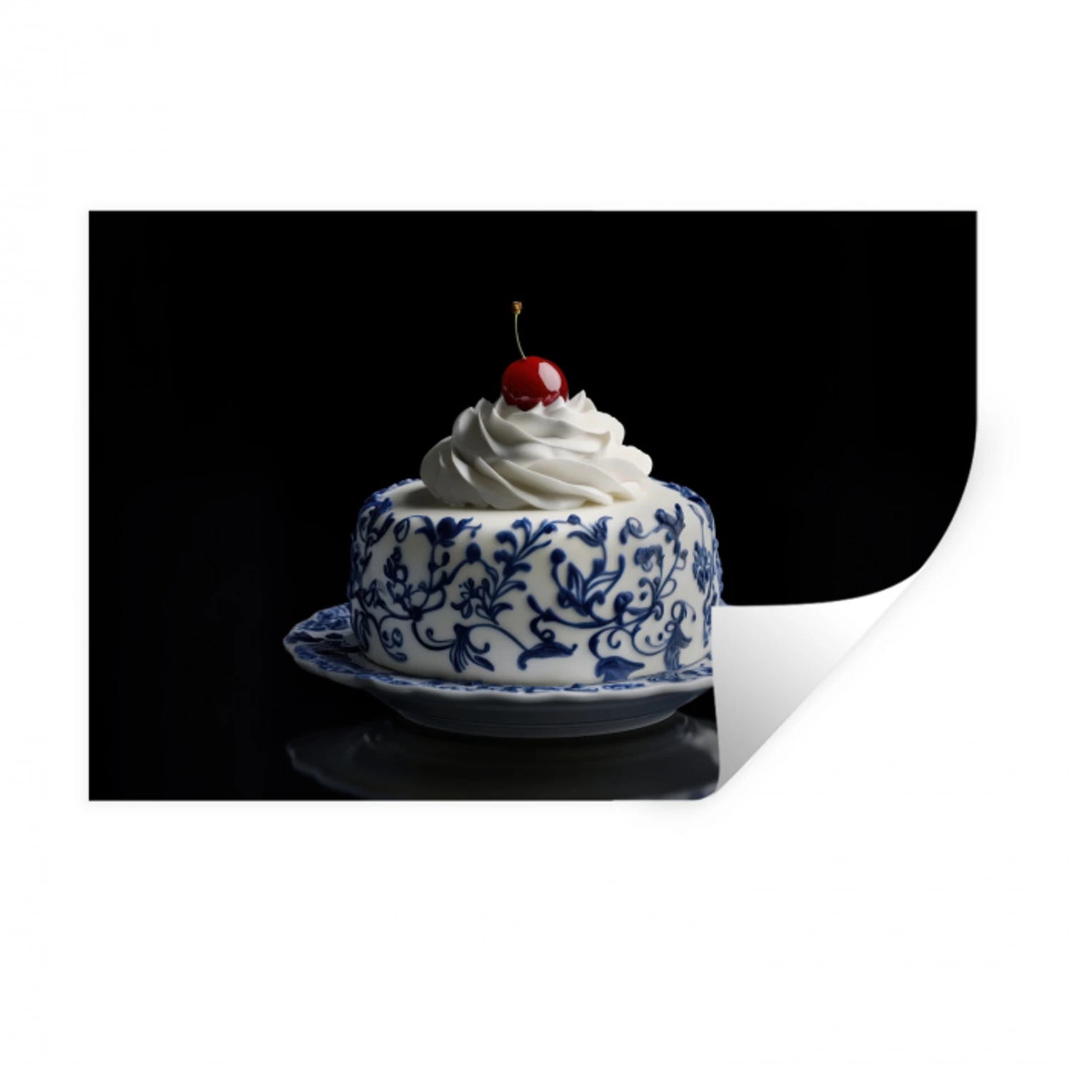 Taart - Slagroom - Kers - Bord - Delfts blauw Muursticker klein -3d