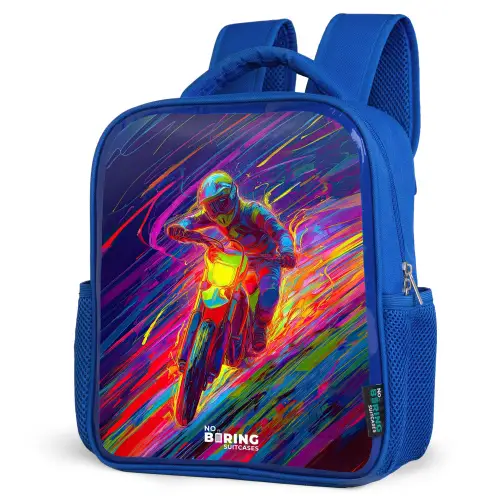 Crossmotor - Neonkleuren - Lijnen - Helm Kinderrugzak - Blauw middel -schuin