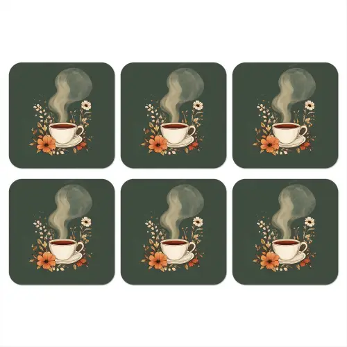 Kop - Bloemen - Groen - Koffie onderzetter kurk middel -3d