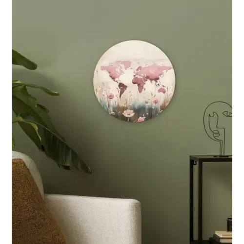 Wereldkaart - Roze - Bloemen Wandcirkel kunststof plaat 5mm dik klein -sfeer3